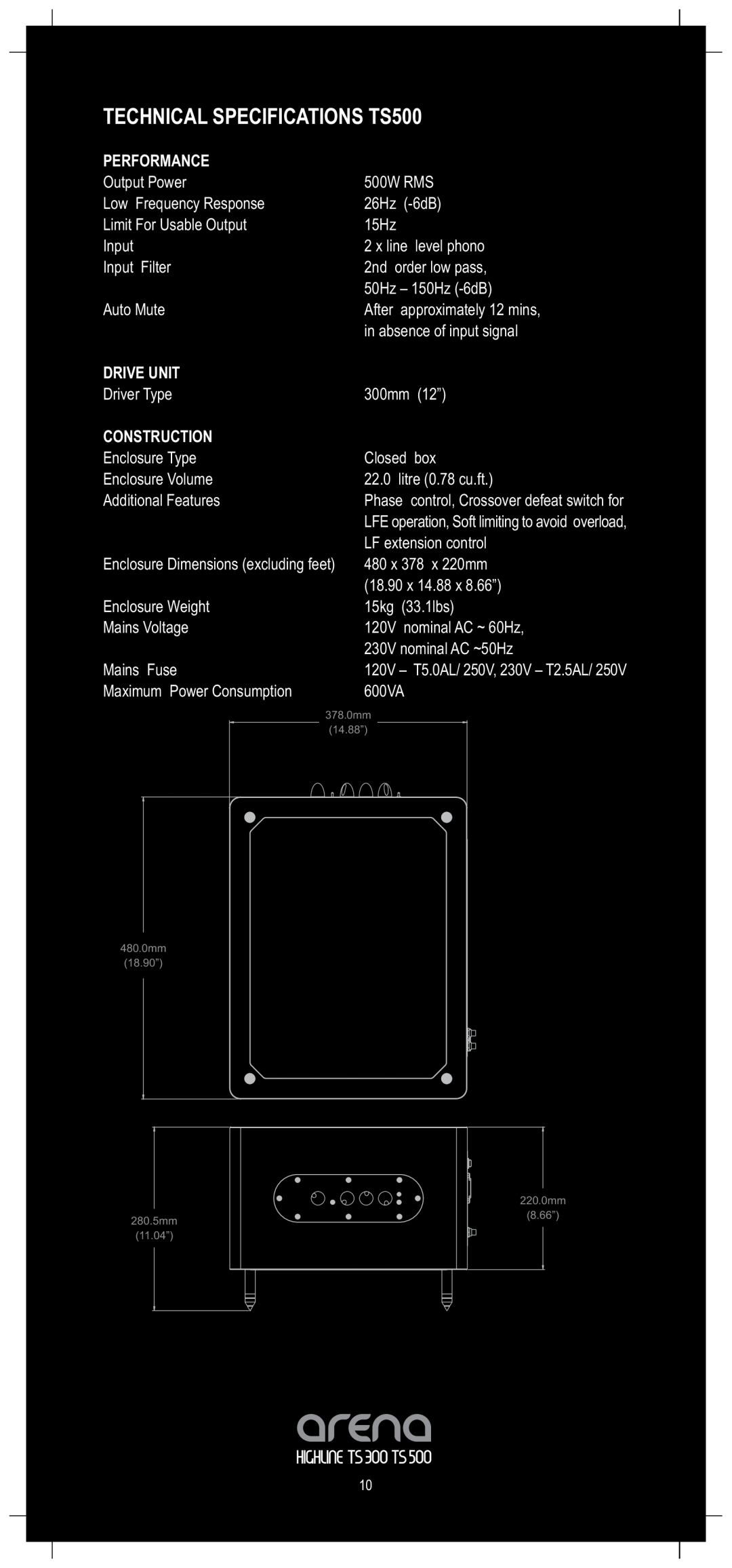TOA Electronics TS300 owner manual TECHNICAL SPECIFICATIONS TS500, Performance, Drive Unit, Construction 
