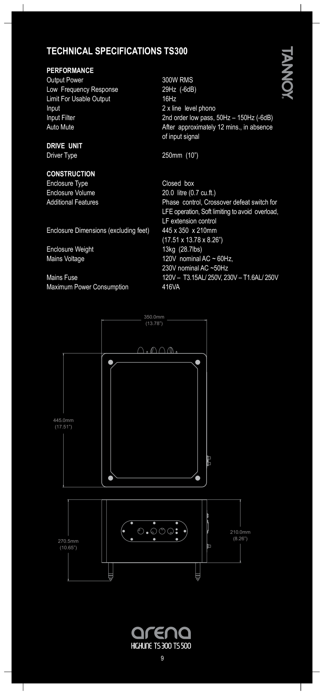 TOA Electronics owner manual TECHNICAL SPECIFICATIONS TS300, Performance, Drive Unit, Construction 
