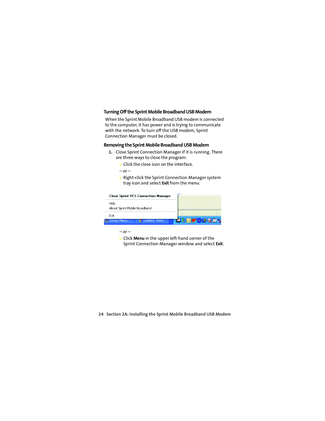 TOA Electronics U720 Turning Off the Sprint Mobile Broadband USB Modem, Removing the Sprint Mobile Broadband USB Modem 