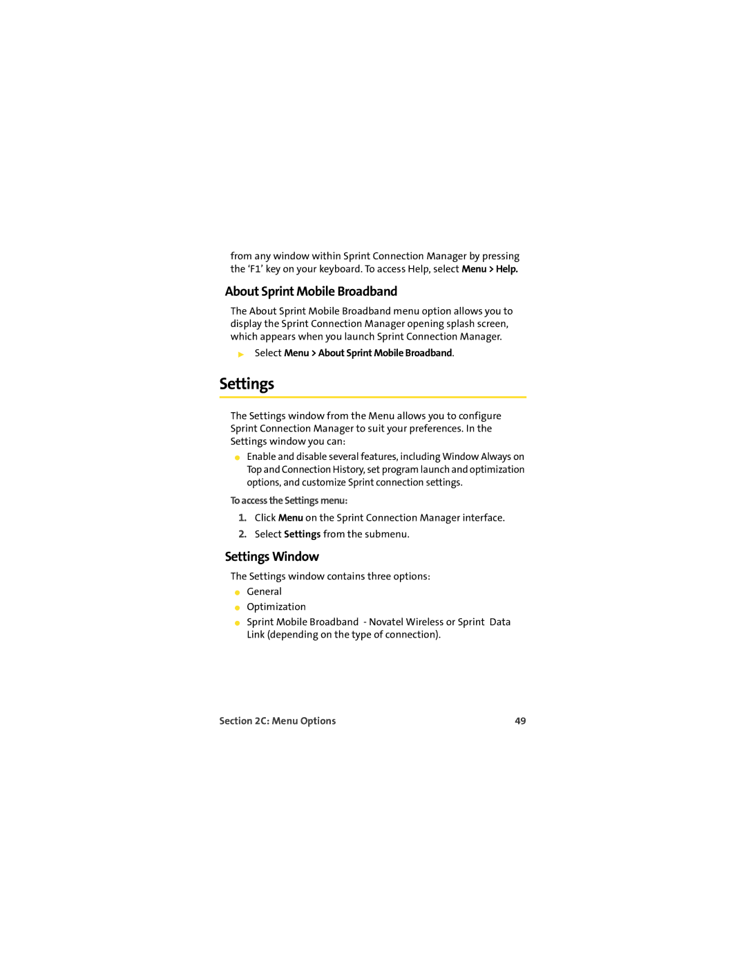 TOA Electronics U720 manual Settings Window, Select Menu About Sprint Mobile Broadband, To access the Settings menu 