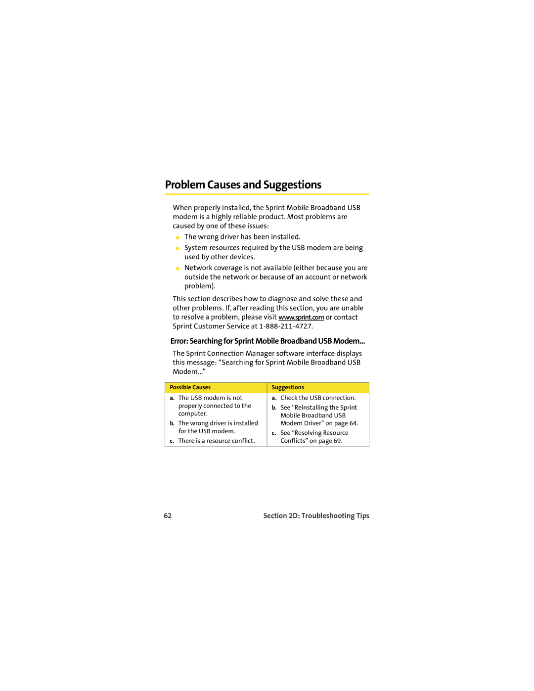 TOA Electronics U720 manual Problem Causes and Suggestions, Error Searching for Sprint Mobile Broadband USB Modem 