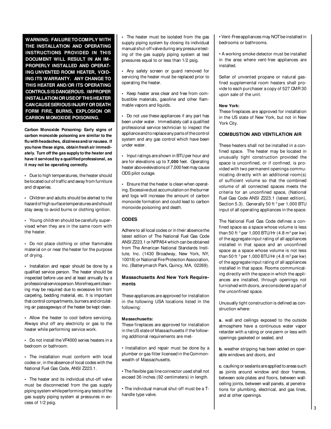 TOA Electronics VF4000-CMP-2 dimensions Codes, Massachusetts And New York Require- ments, Combustion and Ventilation AIR 