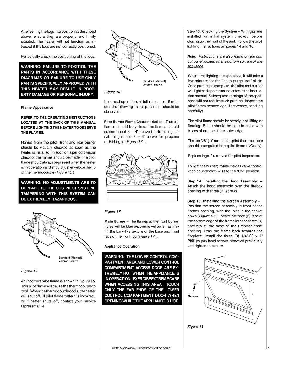 TOA Electronics VF4000-CMP-2 dimensions Flame Appearance, Appliance Operation, Installing the Hood Assembly 