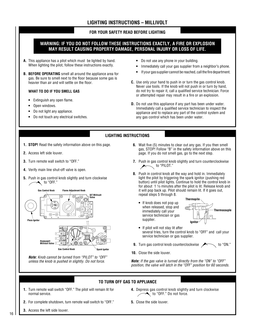 TOA Electronics VF5000-CMP-2 operating instructions Lighting Instructions Millivolt, For Your Safety Read Before Lighting 