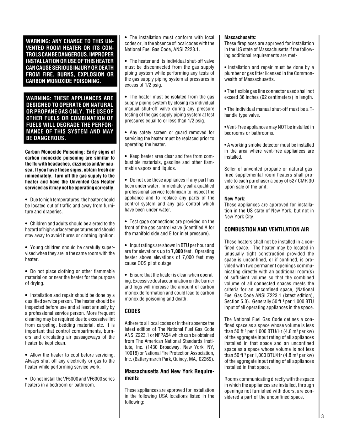 TOA Electronics VF5000-CMP-2 Codes, Massachusetts And New York Require- ments, Combustion and Ventilation AIR 