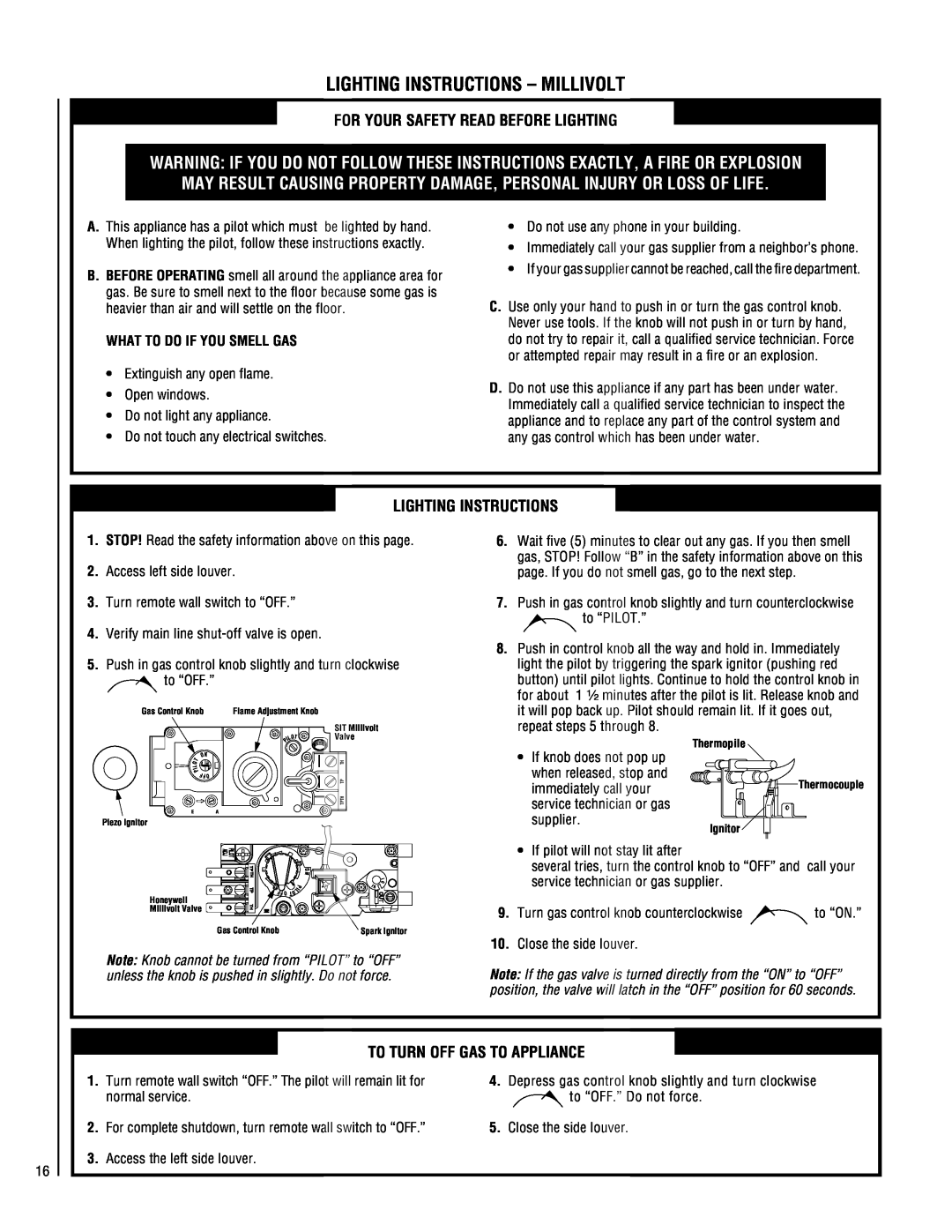 TOA Electronics VF5000-CMP-2 operating instructions Lighting Instructions - Millivolt, For Your Safety Read Before Lighting 