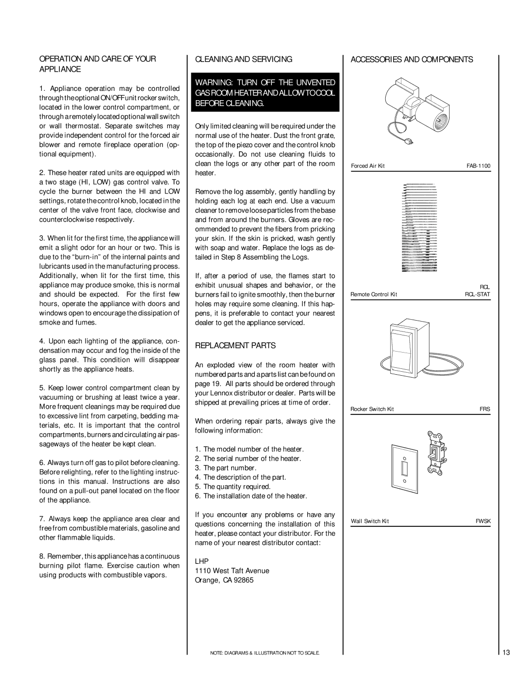 TOA Electronics VFST-CMN-2 dimensions Operation and Care of Your Appliance, Cleaning and Servicing, Replacement Parts, Lhp 