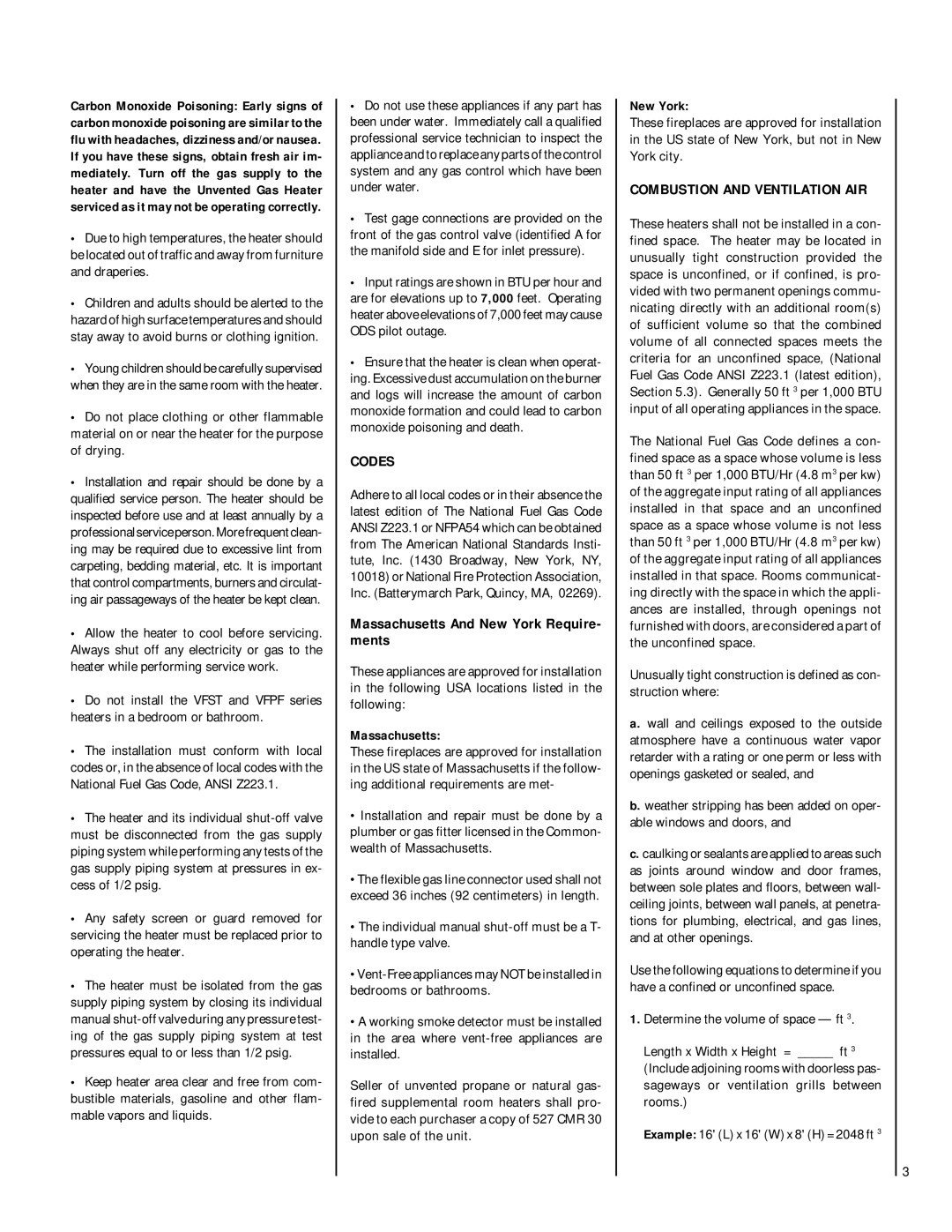 TOA Electronics VFST-CMN-2 dimensions Codes, Massachusetts And New York Require- ments, Combustion and Ventilation AIR 