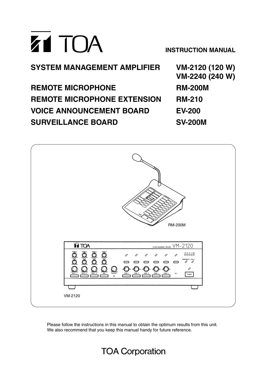 TOA Electronics VM-2120 instruction manual System Management Amplifier 