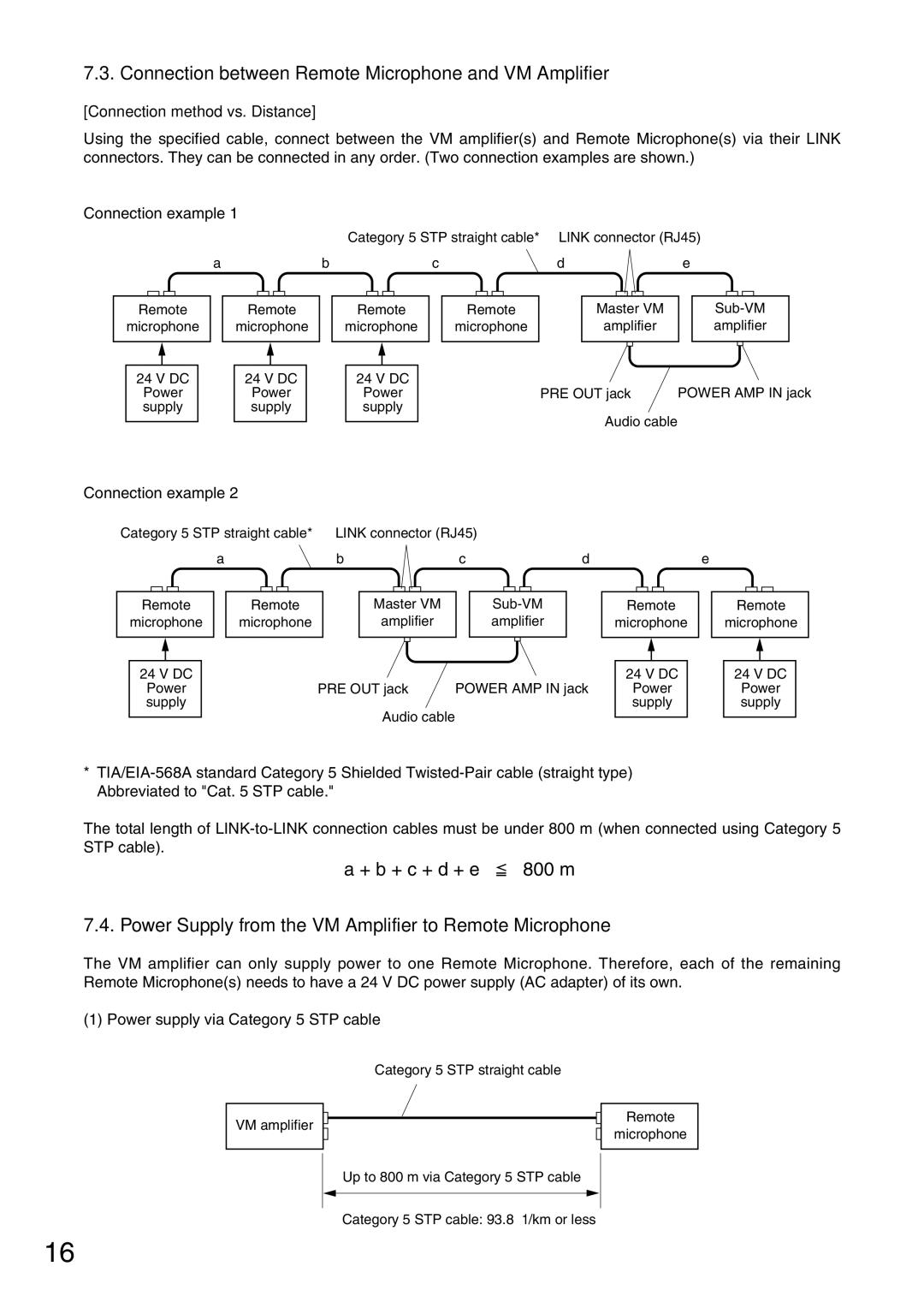 TOA Electronics VM-2120 Connection between Remote Microphone and VM Amplifier, Connection method vs. Distance 