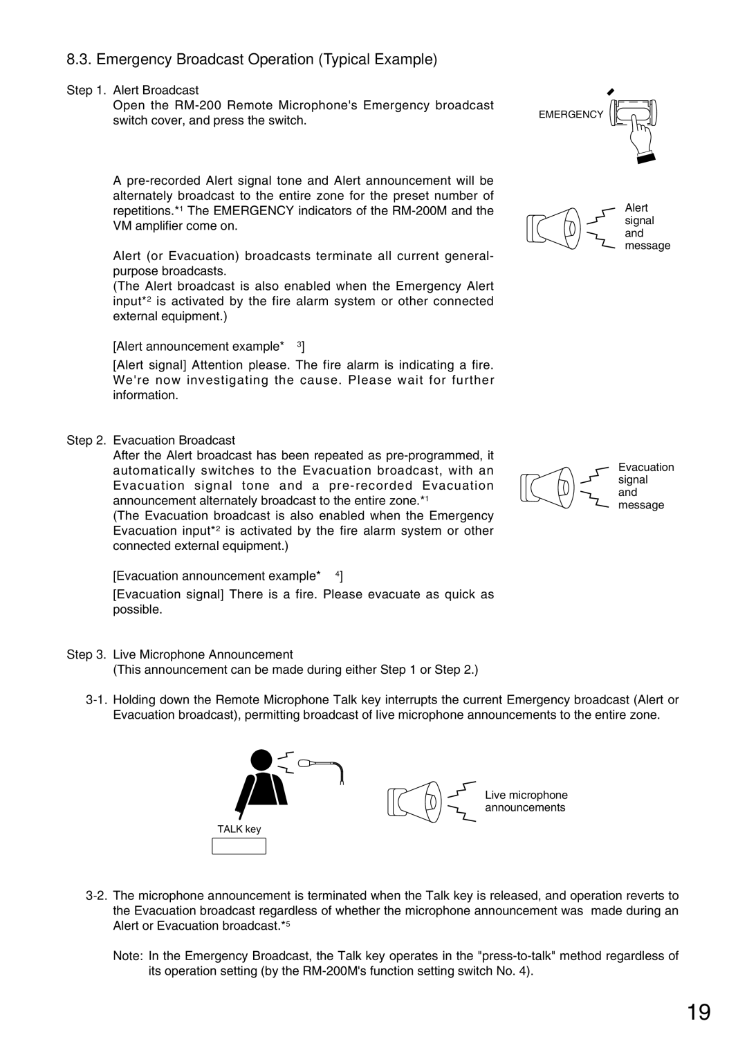 TOA Electronics VM-2120 instruction manual Emergency Broadcast Operation Typical Example, Alert announcement example*3 