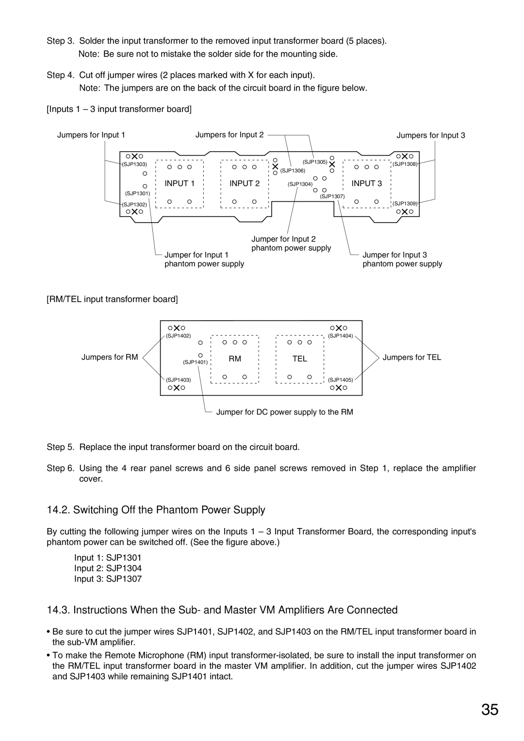 TOA Electronics VM-2120 instruction manual Switching Off the Phantom Power Supply, RM/TEL input transformer board 