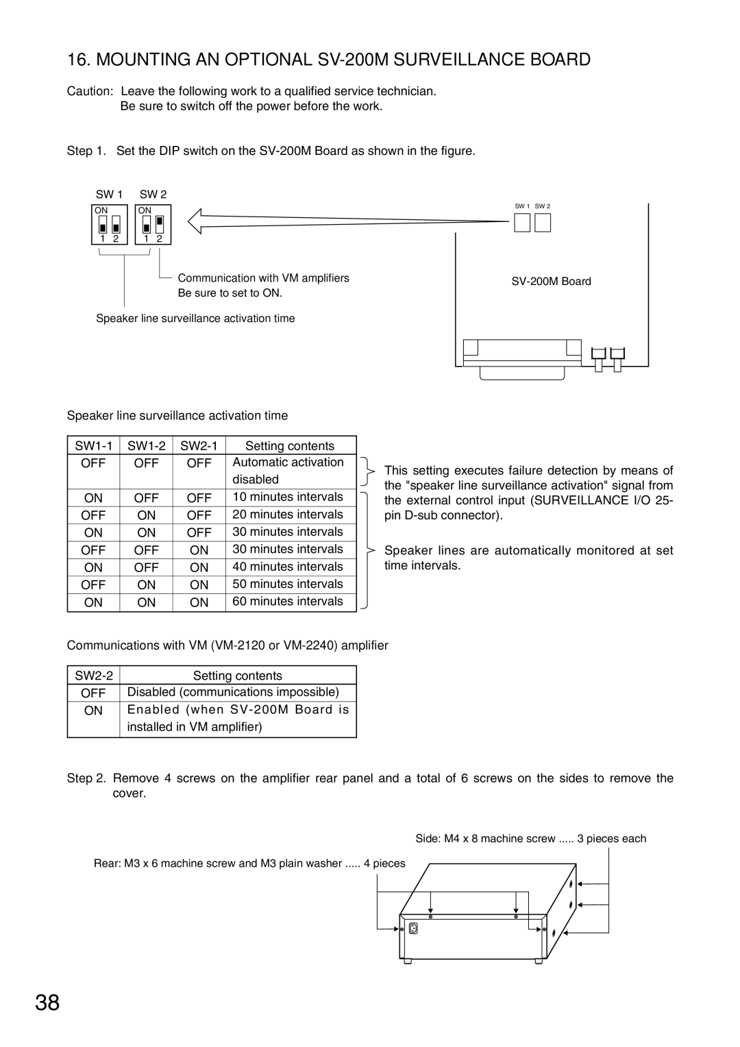 TOA Electronics VM-2120 Mounting AN Optional SV-200M Surveillance Board, Speaker line surveillance activation time 