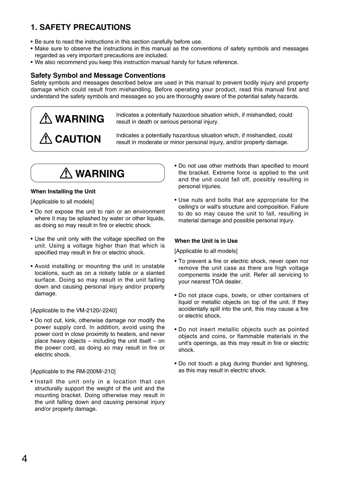 TOA Electronics VM-2120 Safety Precautions, Safety Symbol and Message Conventions, When Installing the Unit 