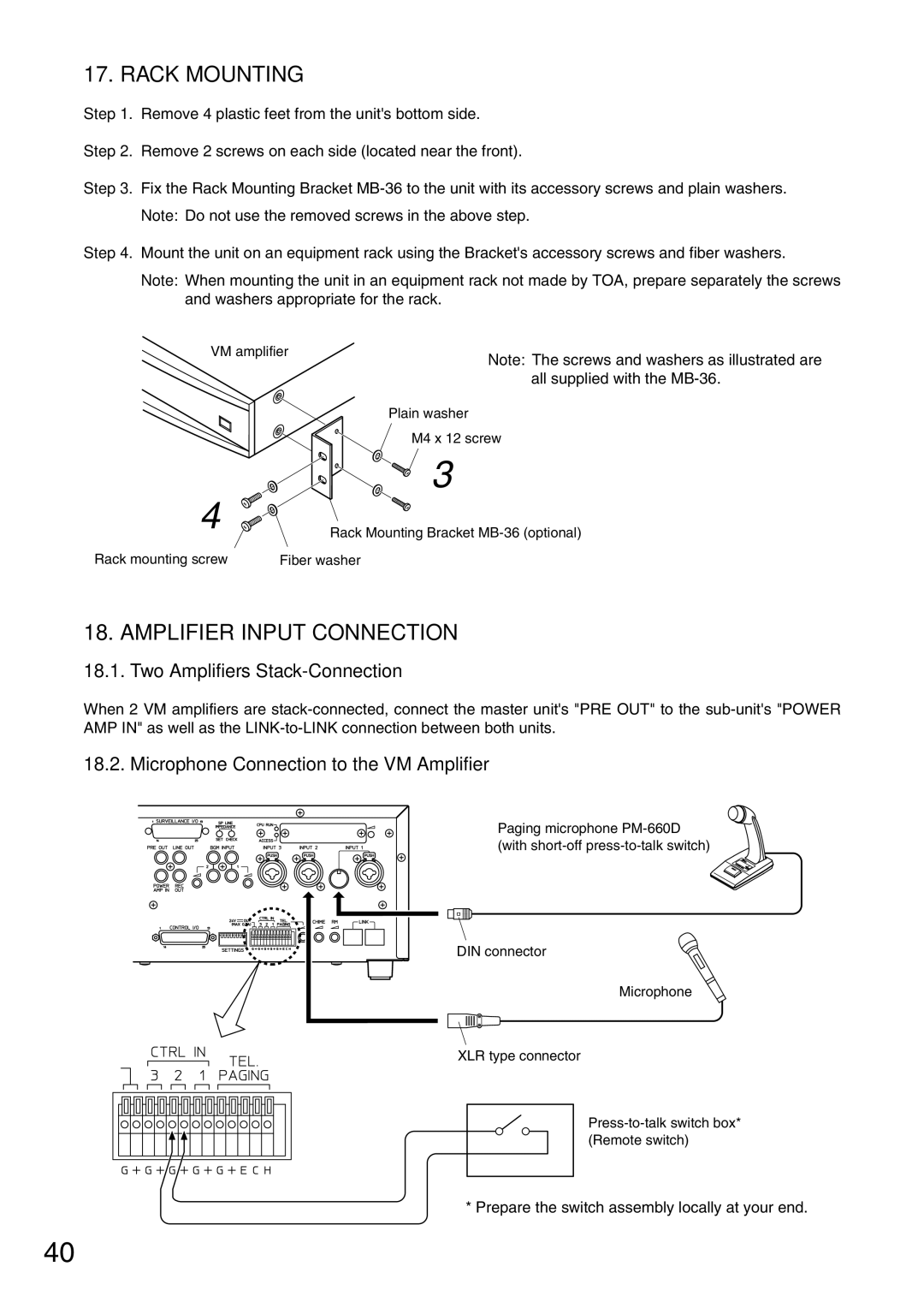 TOA Electronics VM-2120 instruction manual Rack Mounting, Amplifier Input Connection, Two Amplifiers Stack-Connection 