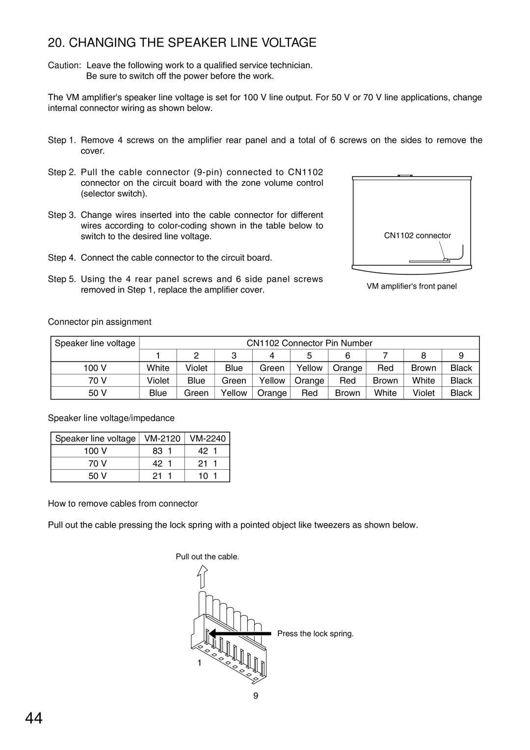 TOA Electronics VM-2120 Changing the Speaker Line Voltage, Connector pin assignment, How to remove cables from connector 
