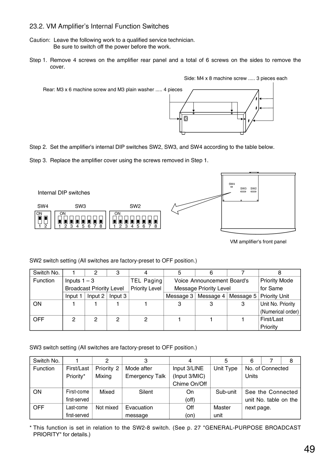 TOA Electronics VM-2120 instruction manual VM Amplifiers Internal Function Switches 