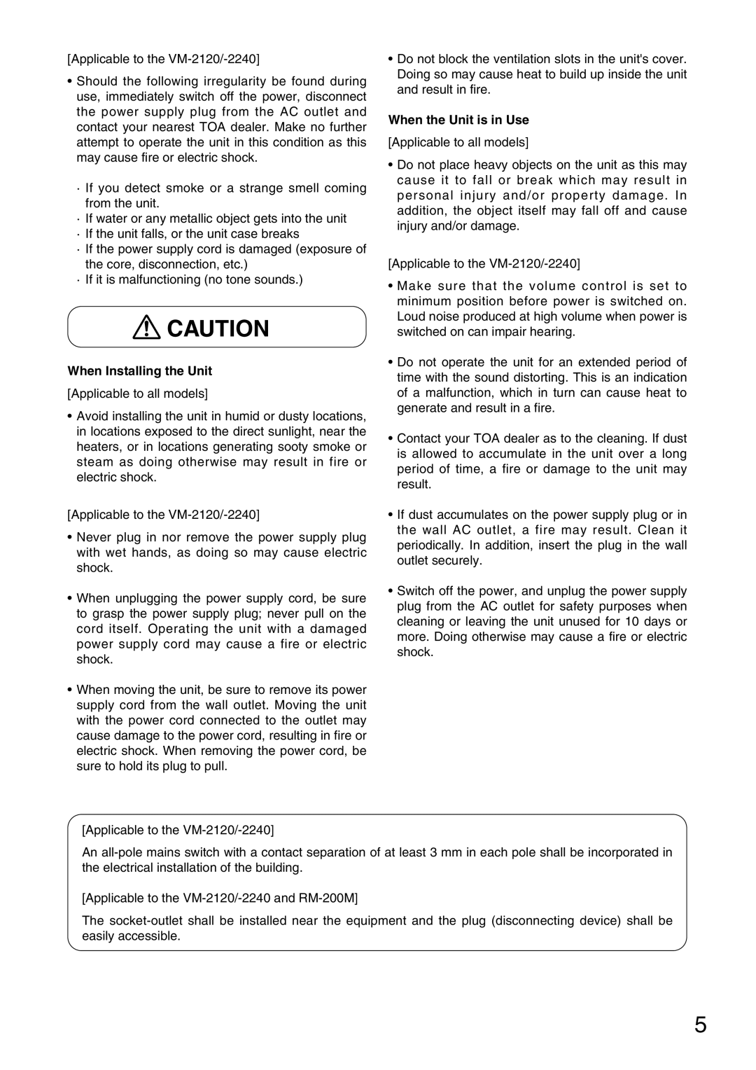 TOA Electronics VM-2120 instruction manual When Installing the Unit 