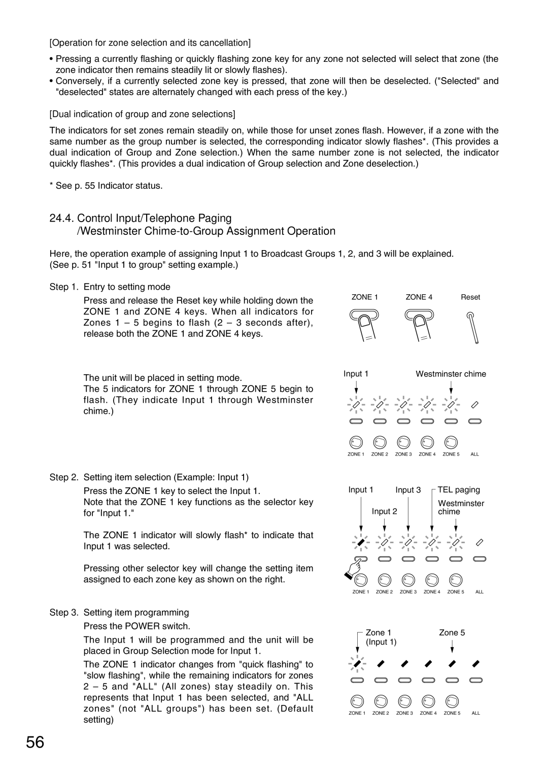 TOA Electronics VM-2120 Operation for zone selection and its cancellation, Dual indication of group and zone selections 