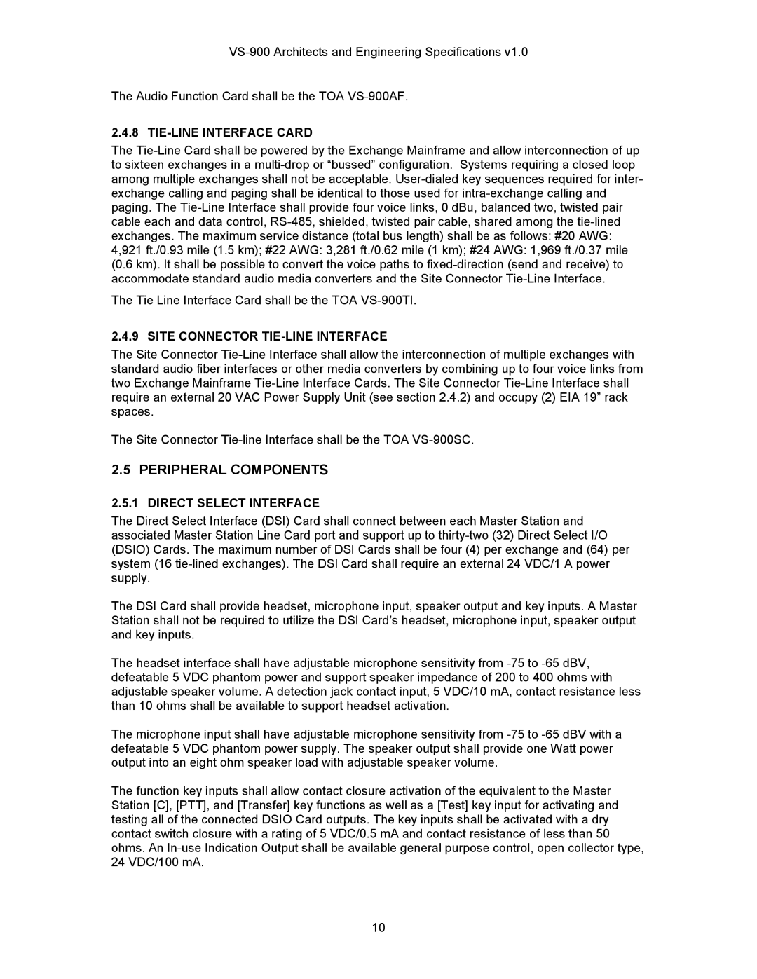 TOA Electronics VS-900 manual Peripheral Components, TIE-LINE Interface Card, Site Connector TIE-LINE Interface 