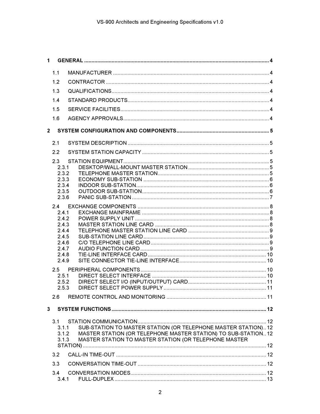 TOA Electronics manual VS-900 Architects and Engineering Specifications, System Configuration and Components 