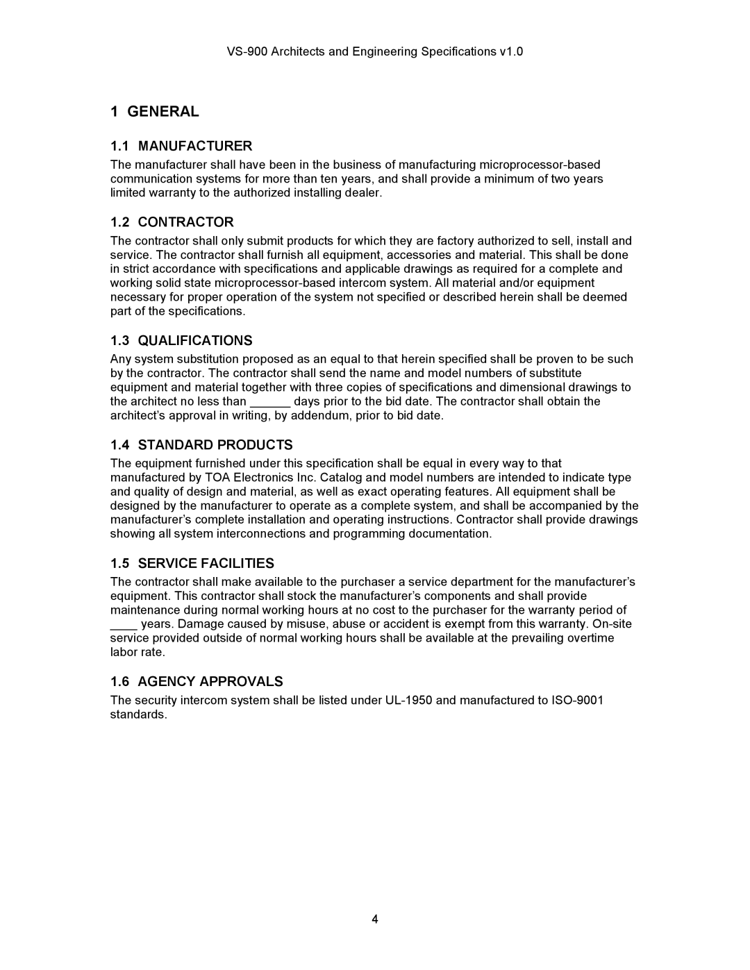 TOA Electronics VS-900 Manufacturer, Contractor, Qualifications, Standard Products, Service Facilities, Agency Approvals 