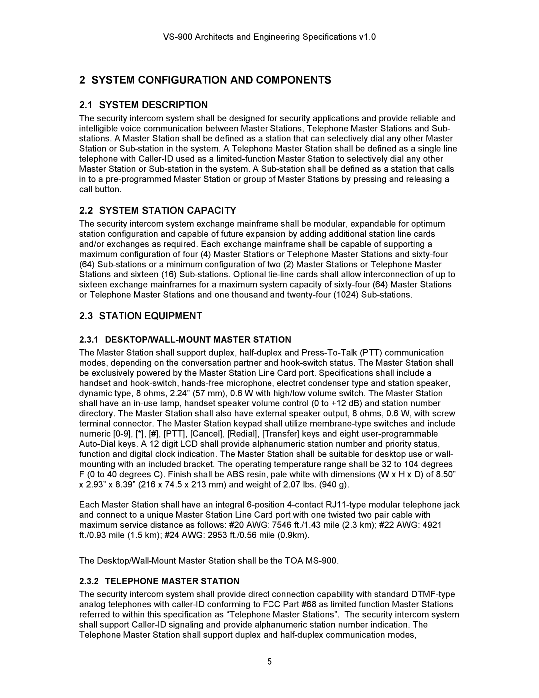 TOA Electronics VS-900 System Description, System Station Capacity, Station Equipment, DESKTOP/WALL-MOUNT Master Station 