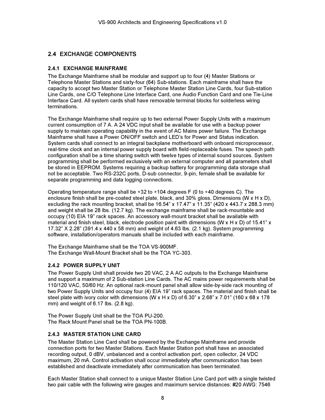 TOA Electronics VS-900 manual Exchange Components, Exchange Mainframe, Power Supply Unit, Master Station Line Card 