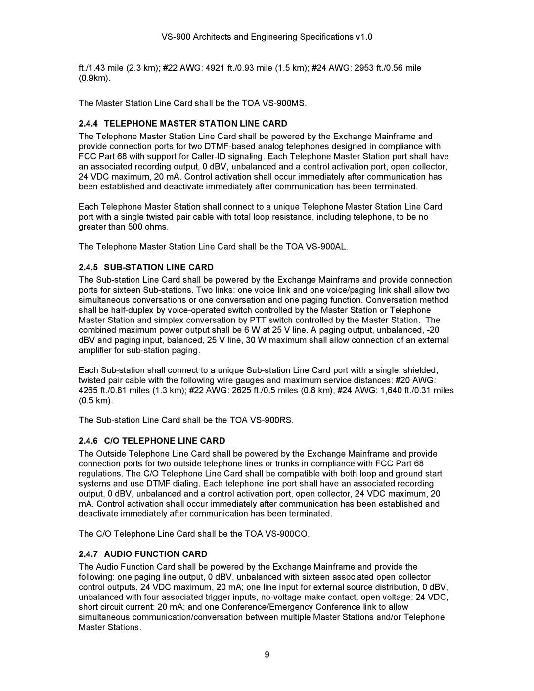 TOA Electronics VS-900 manual Telephone Master Station Line Card, SUB-STATION Line Card, 6 C/O Telephone Line Card 