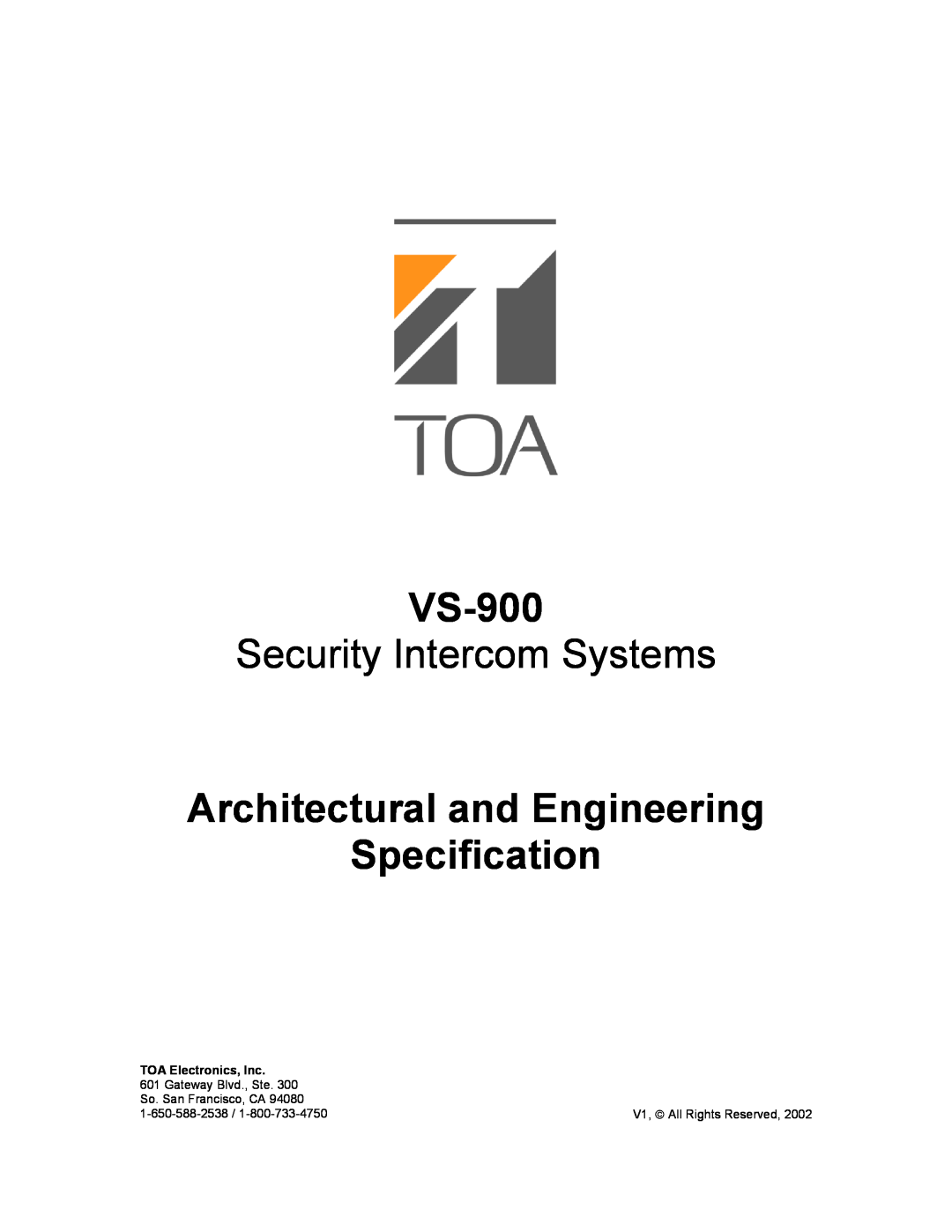 TOA Electronics VS-900 manual Security Intercom Systems, Architectural and Engineering Specification, TOA Electronics, Inc 