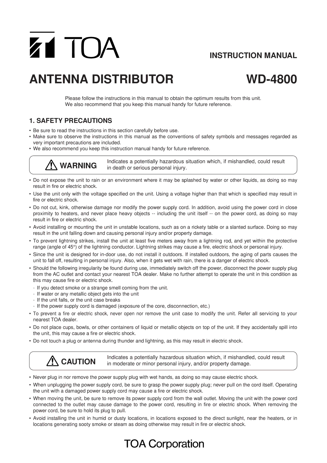 TOA Electronics WD-4800 instruction manual Antenna Distributor, Safety Precautions 