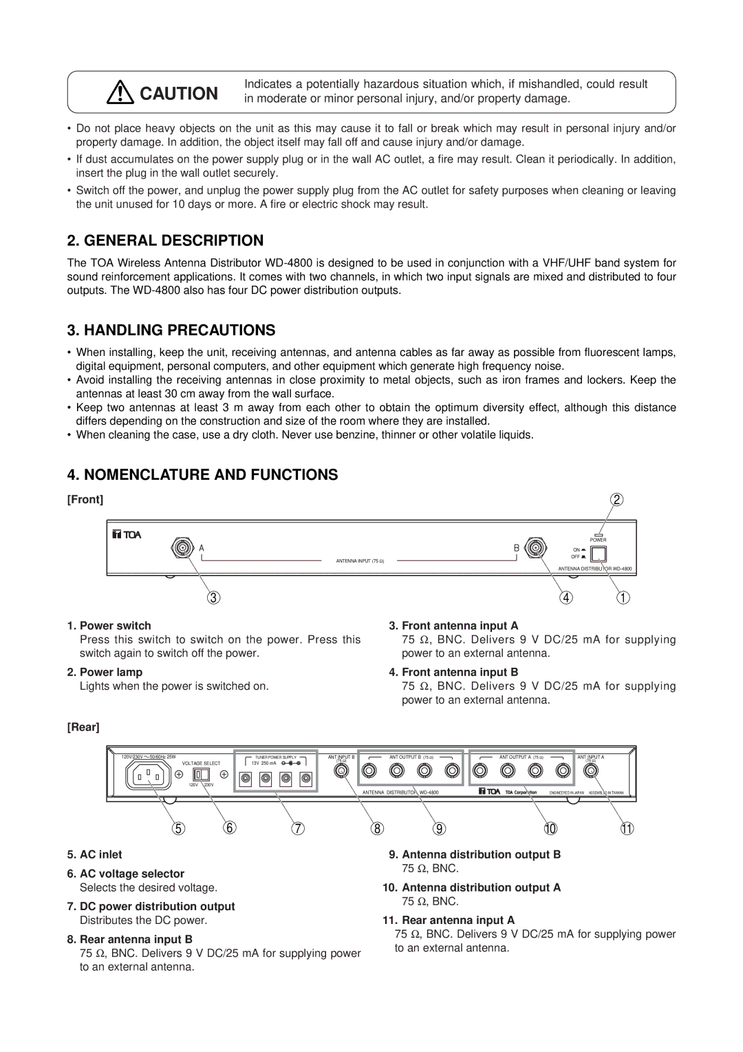 TOA Electronics WD-4800 instruction manual General Description, Handling Precautions, Nomenclature and Functions 