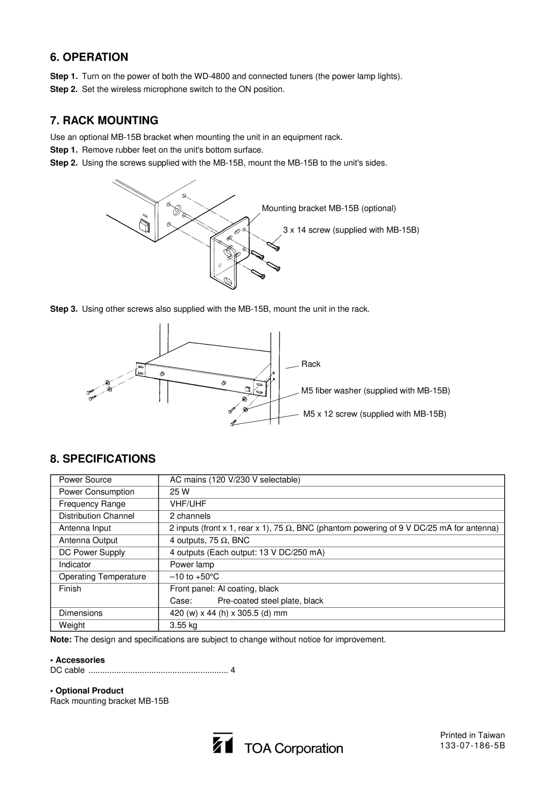 TOA Electronics WD-4800 instruction manual Operation, Rack Mounting, Specifications 