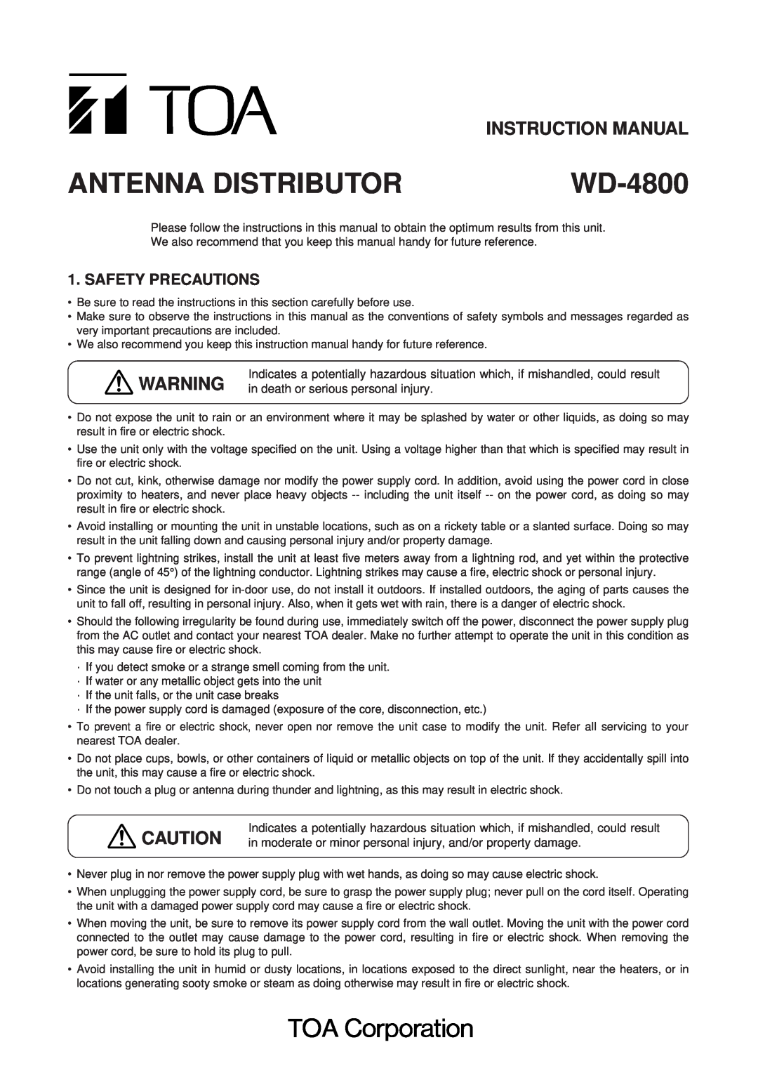 TOA Electronics WD-4800 instruction manual Safety Precautions, in death or serious personal injury, Antenna Distributor 