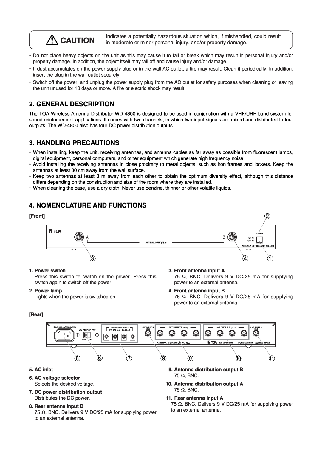 TOA Electronics WD-4800 instruction manual General Description, Handling Precautions, Nomenclature And Functions 