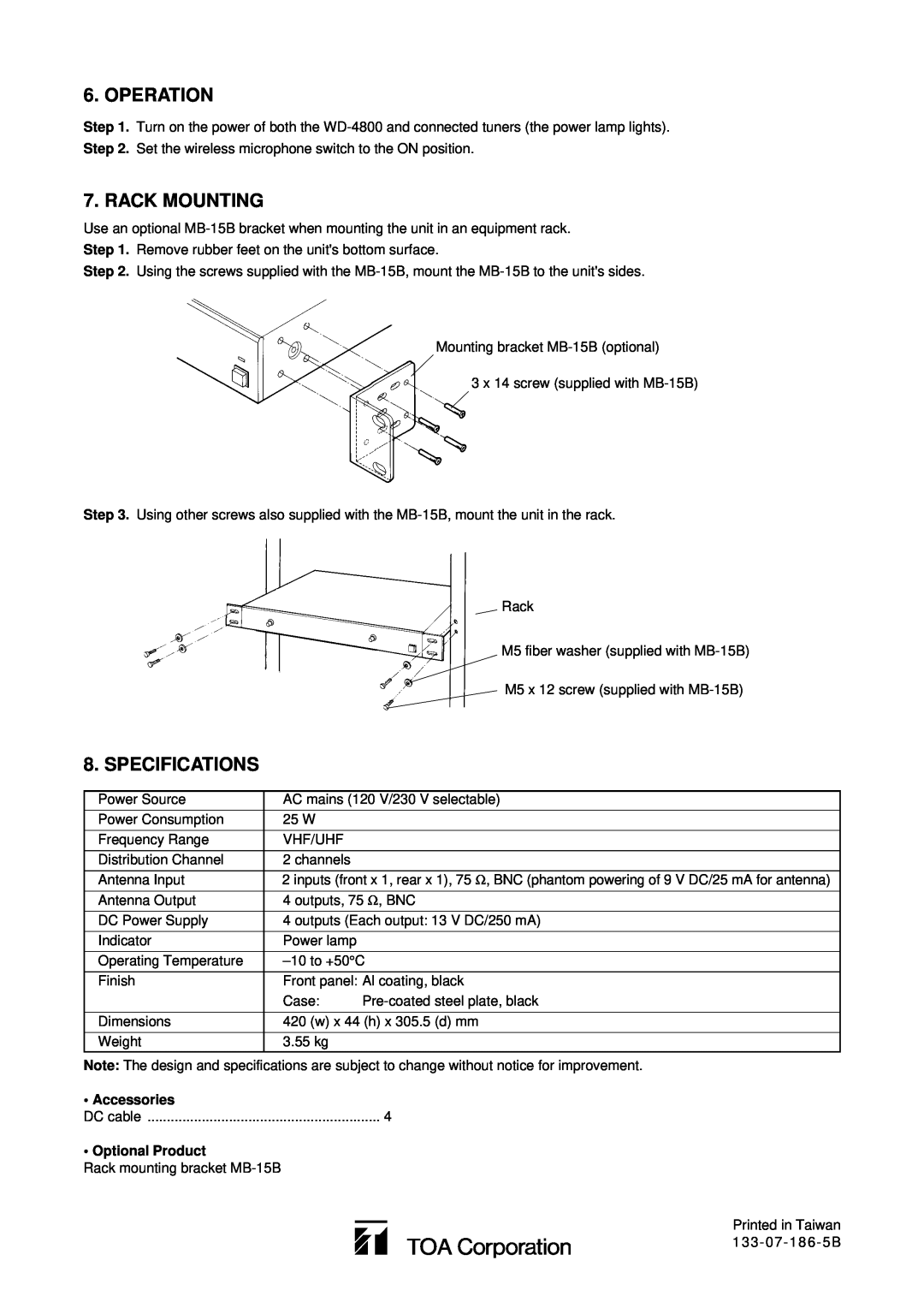 TOA Electronics WD-4800 instruction manual Operation, Rack Mounting, Specifications, Accessories, Optional Product 