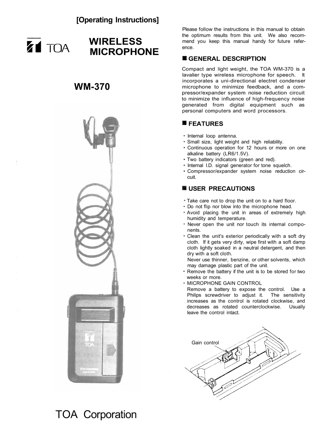 TOA Electronics WM-370 operating instructions General Description, Features, User Precautions 