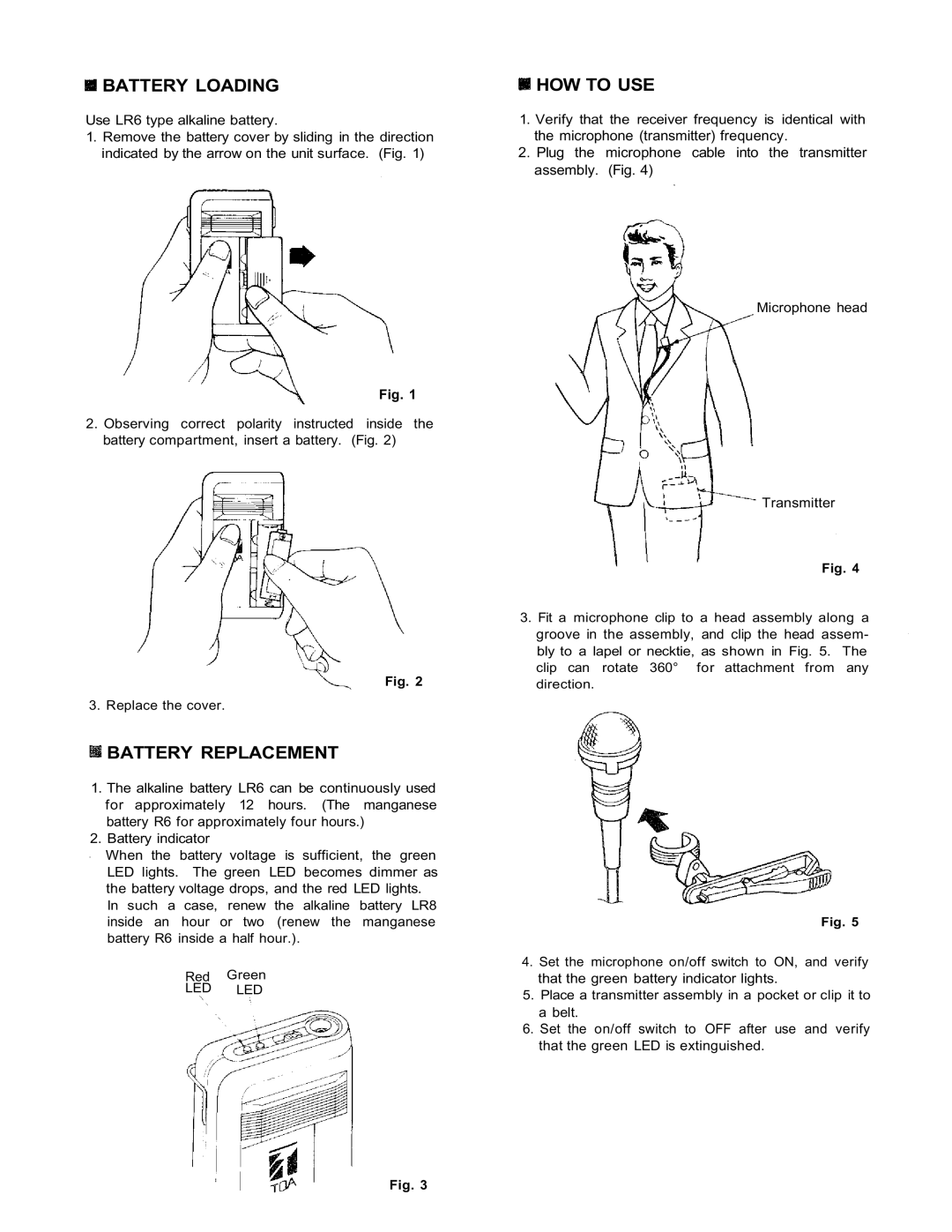 TOA Electronics WM-370 operating instructions Battery Loading, Battery Replacement, HOW to USE 