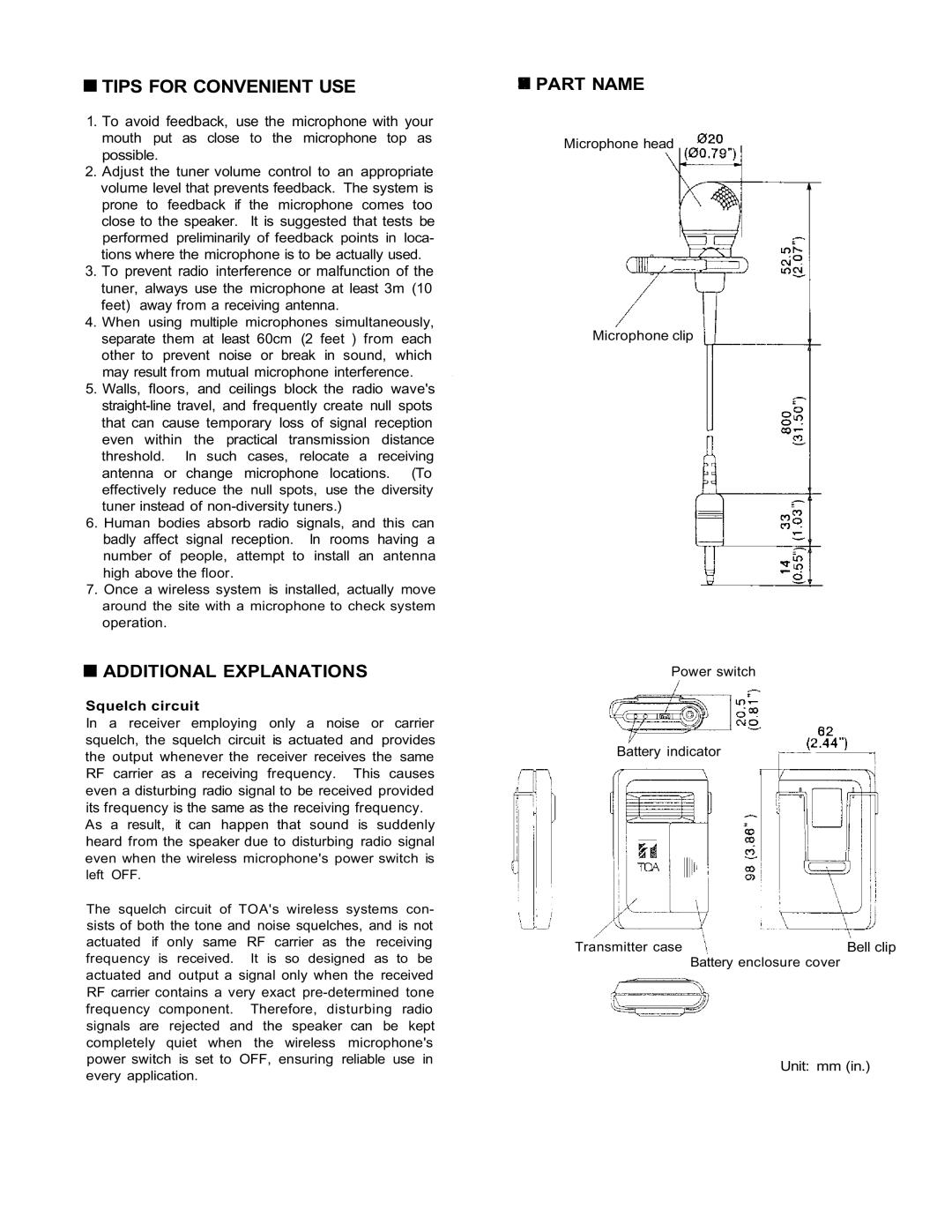 TOA Electronics WM-370 operating instructions Tips for Convenient USE, Additional Explanations, Part Name 