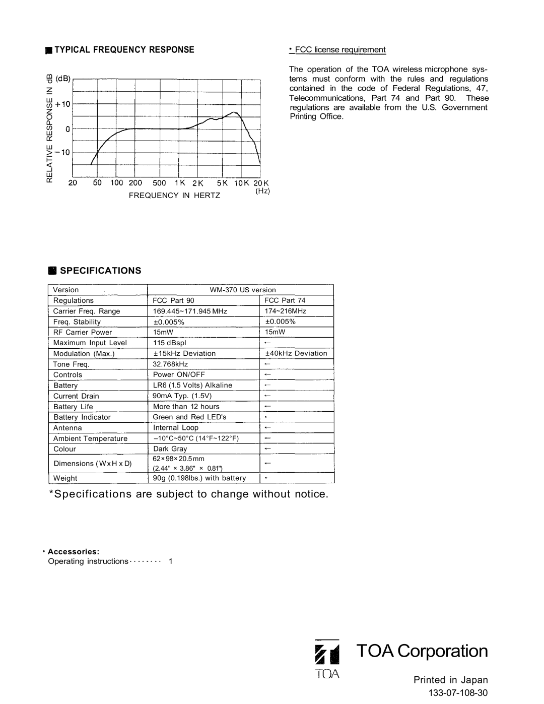 TOA Electronics WM-370 operating instructions TOA Corporation 