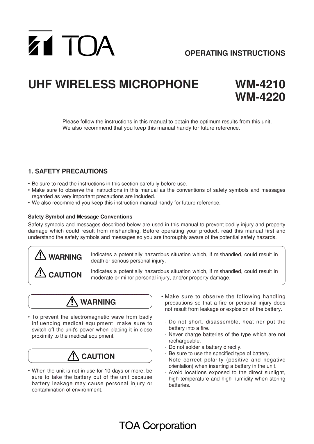 TOA Electronics WM-4210, WM-4220 operating instructions Safety Precautions, Safety Symbol and Message Conventions 