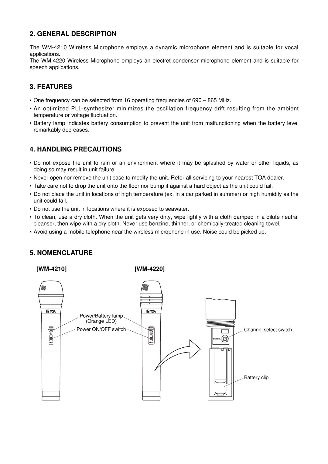 TOA Electronics WM-4220, WM-4210 operating instructions General Description, Features, Handling Precautions, Nomenclature 