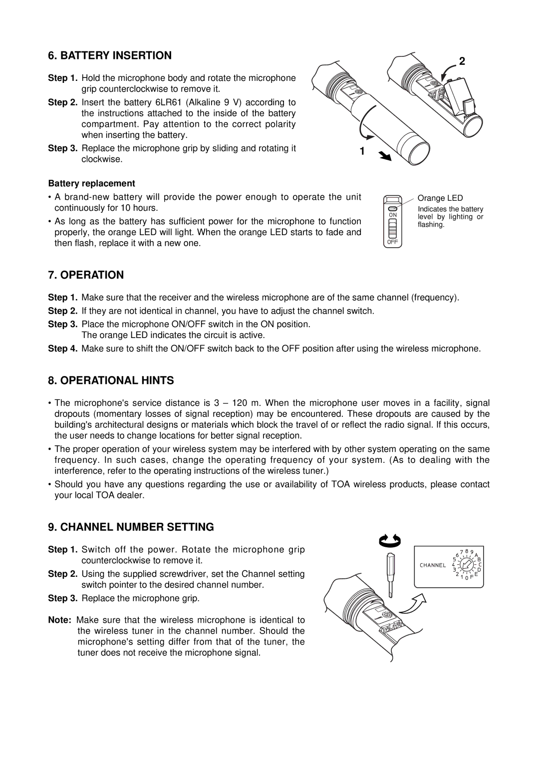 TOA Electronics WM-4210, WM-4220 operating instructions Battery Insertion, Operational Hints, Channel Number Setting 