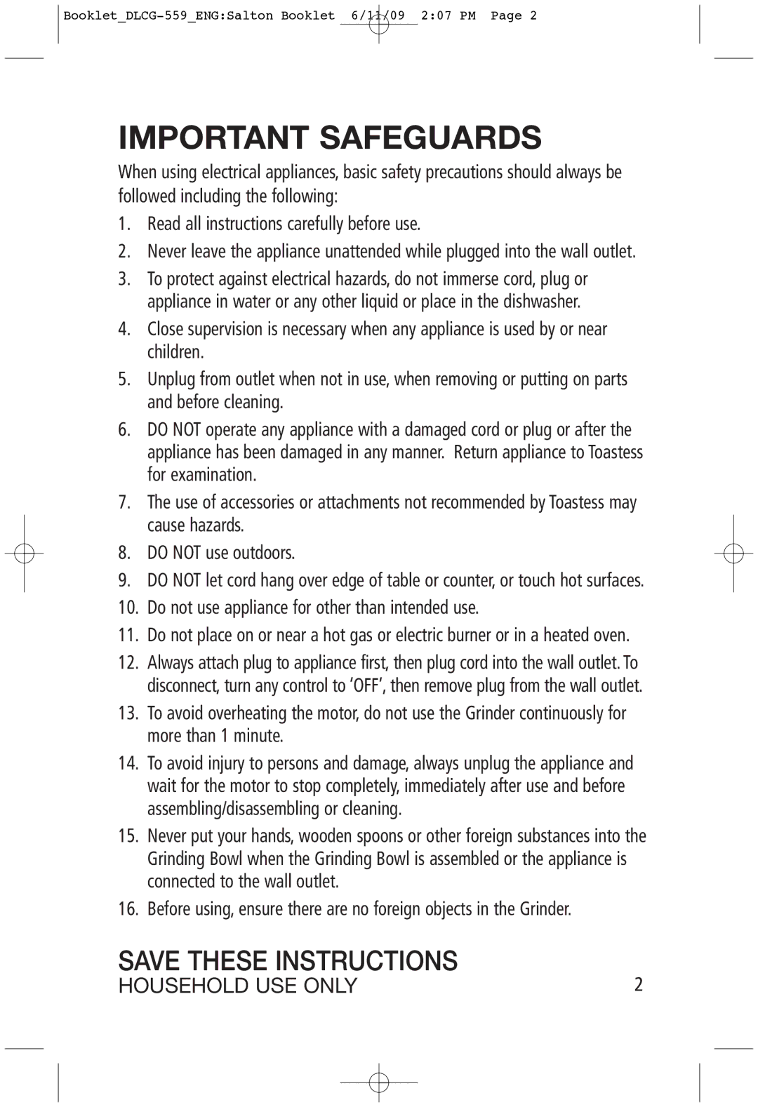 Toastess DLCG-559 manual Important Safeguards 