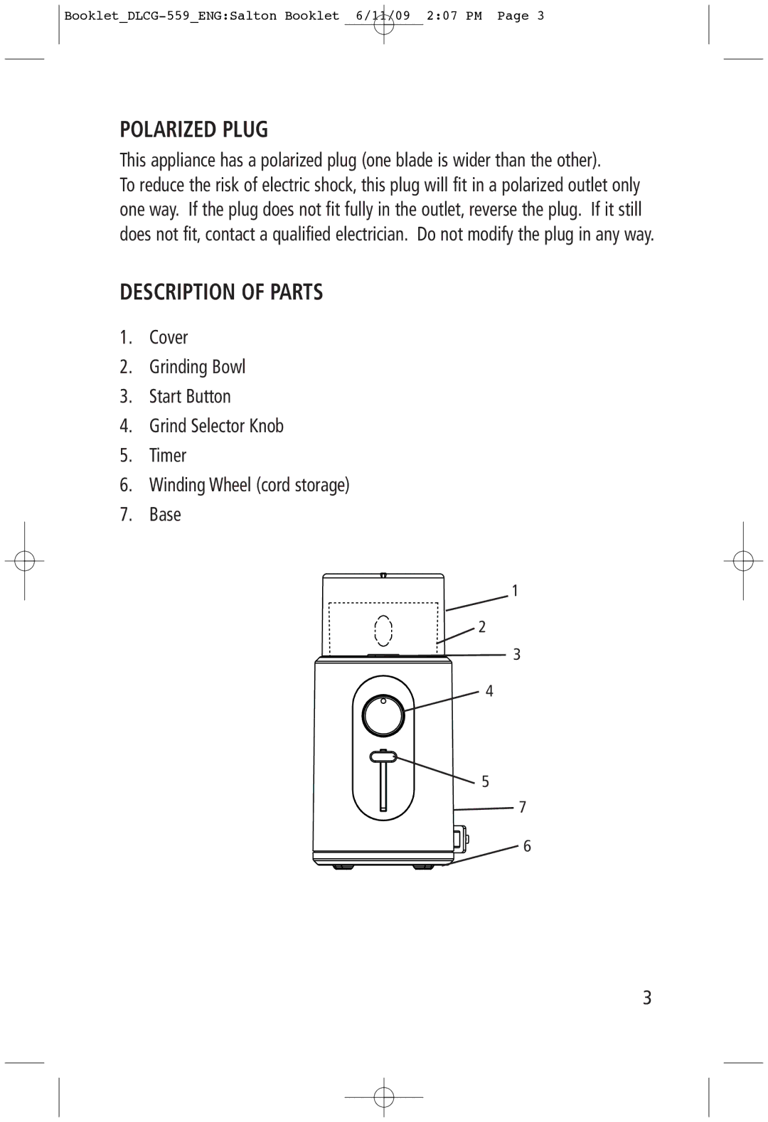 Toastess DLCG-559 manual Polarized Plug, Description of Parts 