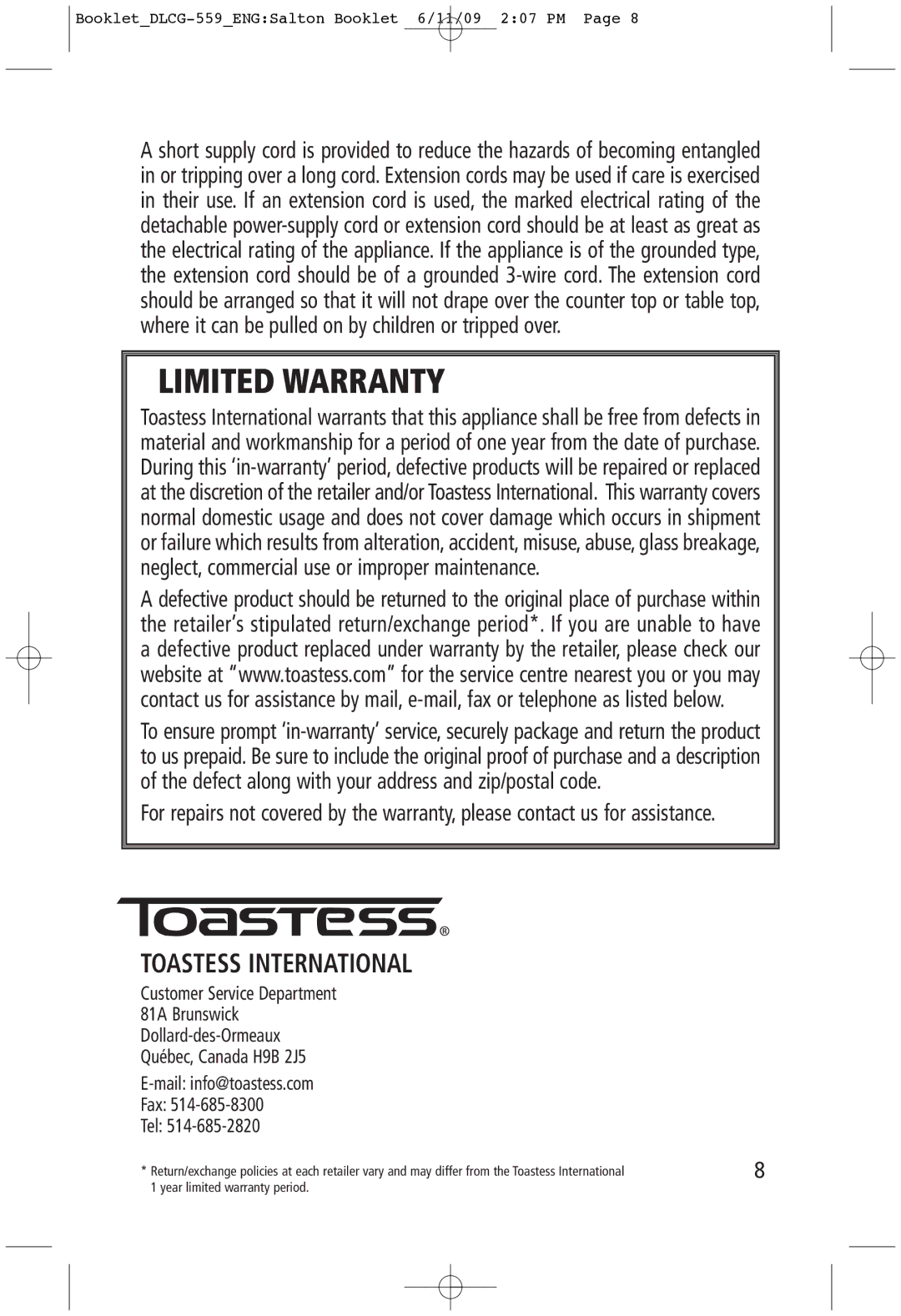 Toastess DLCG-559 manual Limited Warranty, Toastess International 