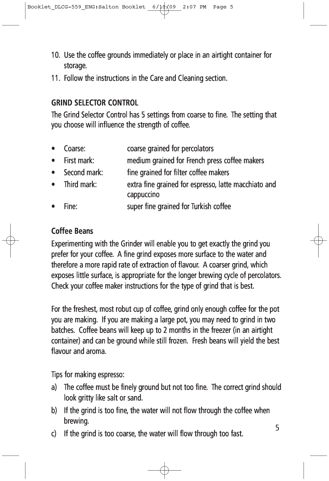 Toastess DLCG-559 manual Grind Selector Control, Coffee Beans 