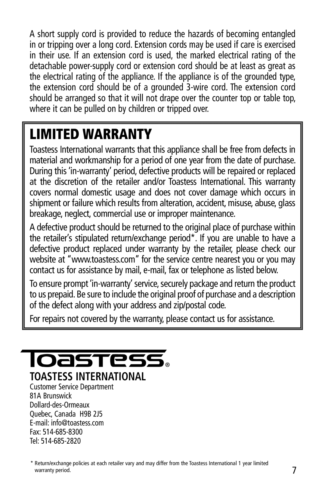 Toastess DLFC381 manual Limited Warranty, Toastess International 