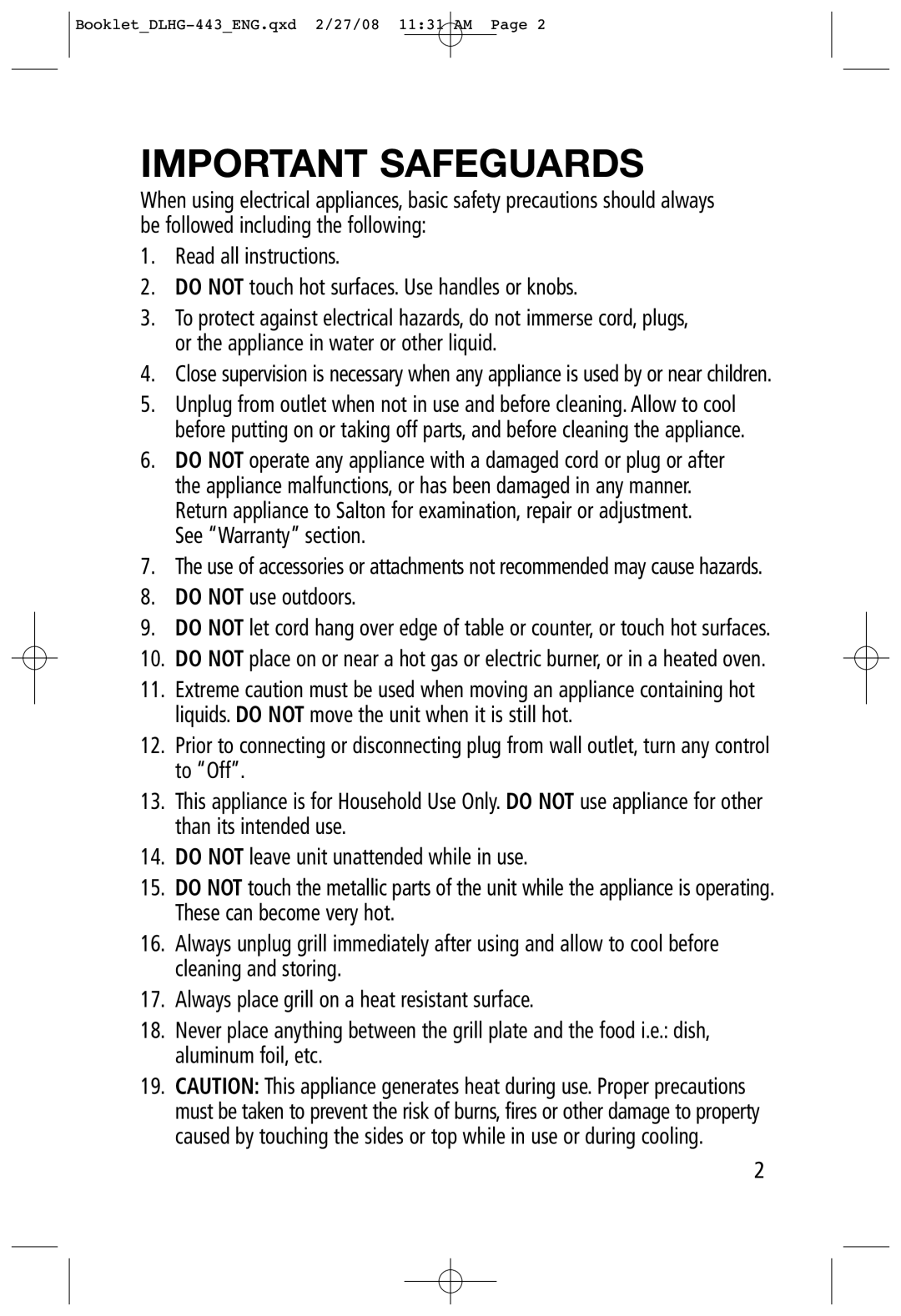 Toastess DLHG-443 manual Important Safeguards, Do not use outdoors 