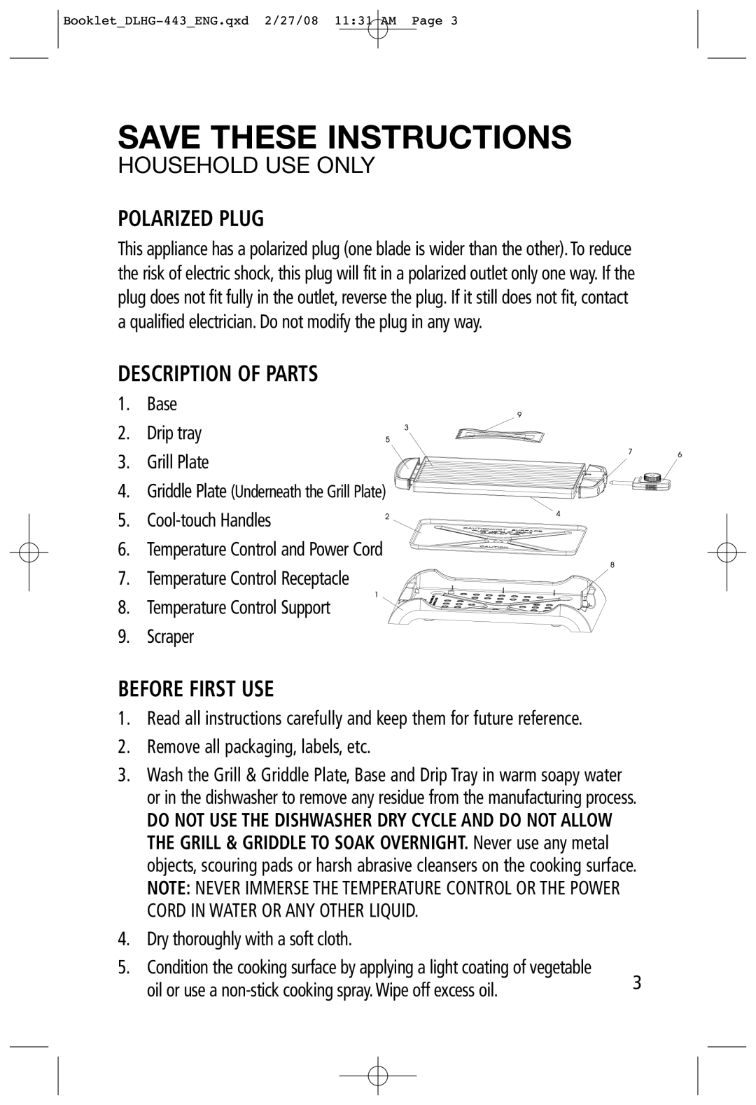 Toastess DLHG-443 manual Polarized Plug, Description of Parts, Before First USE, Base Drip tray Grill Plate 